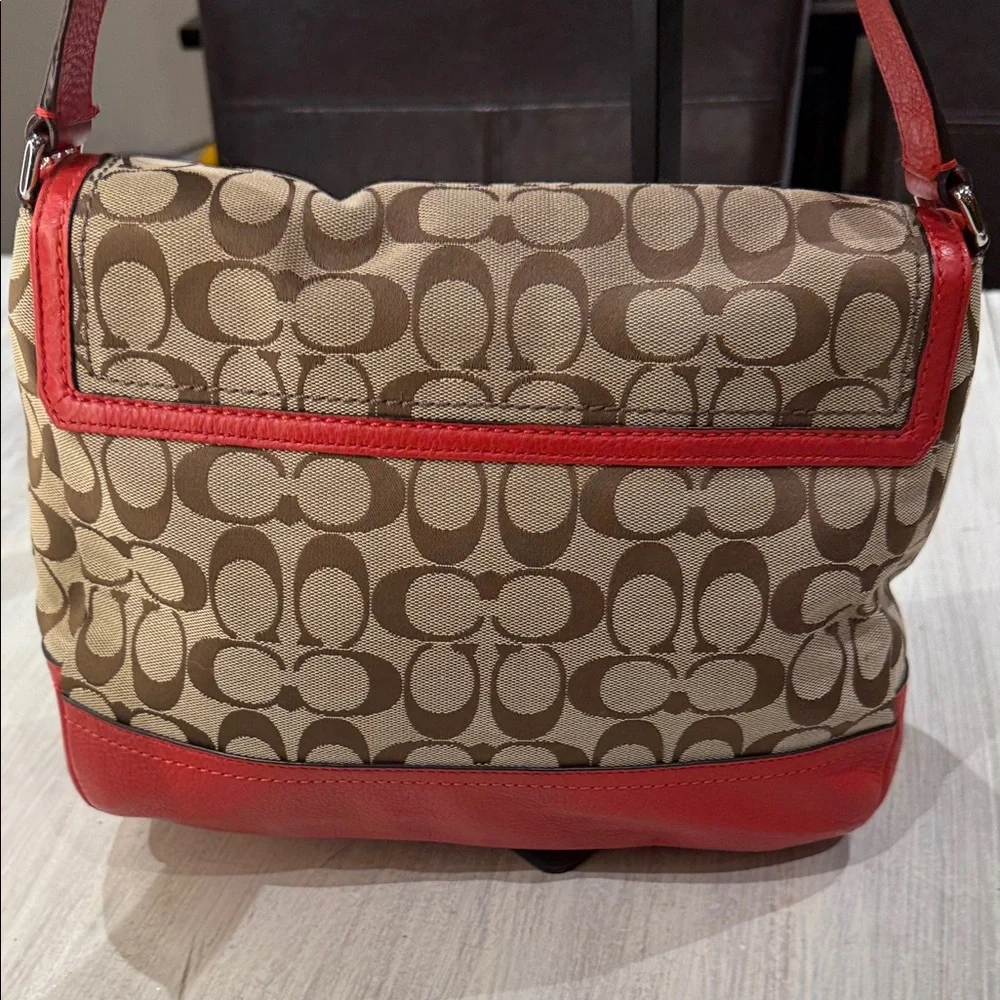 Coach Coral Red and Tan Signature Shoulder Bag